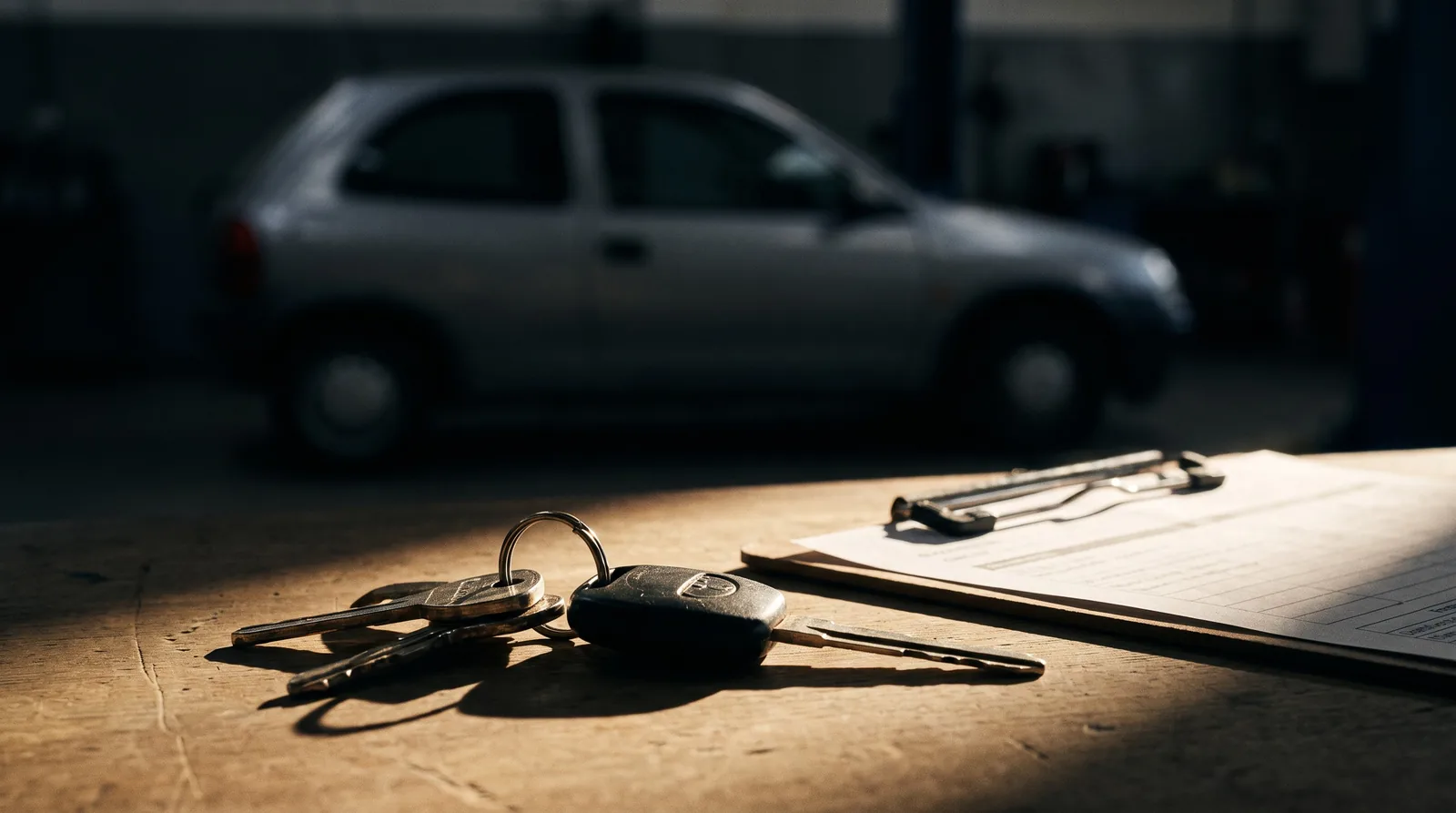Car keys on a workshop counter