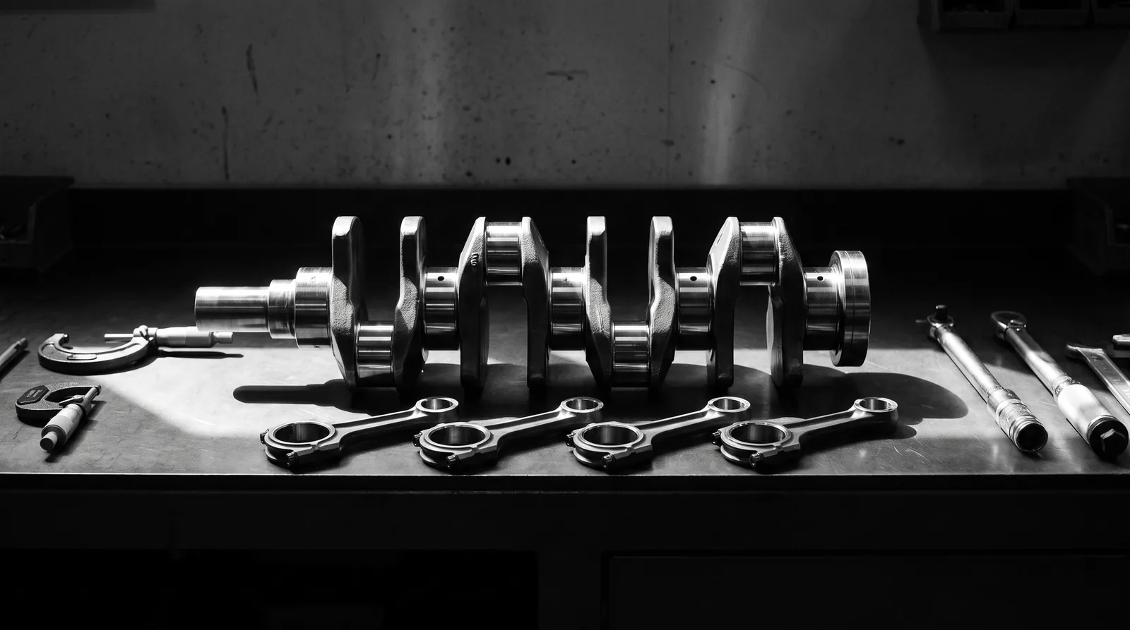 Crankshaft and connecting rods laid out on the assembly bench during an engine rebuild