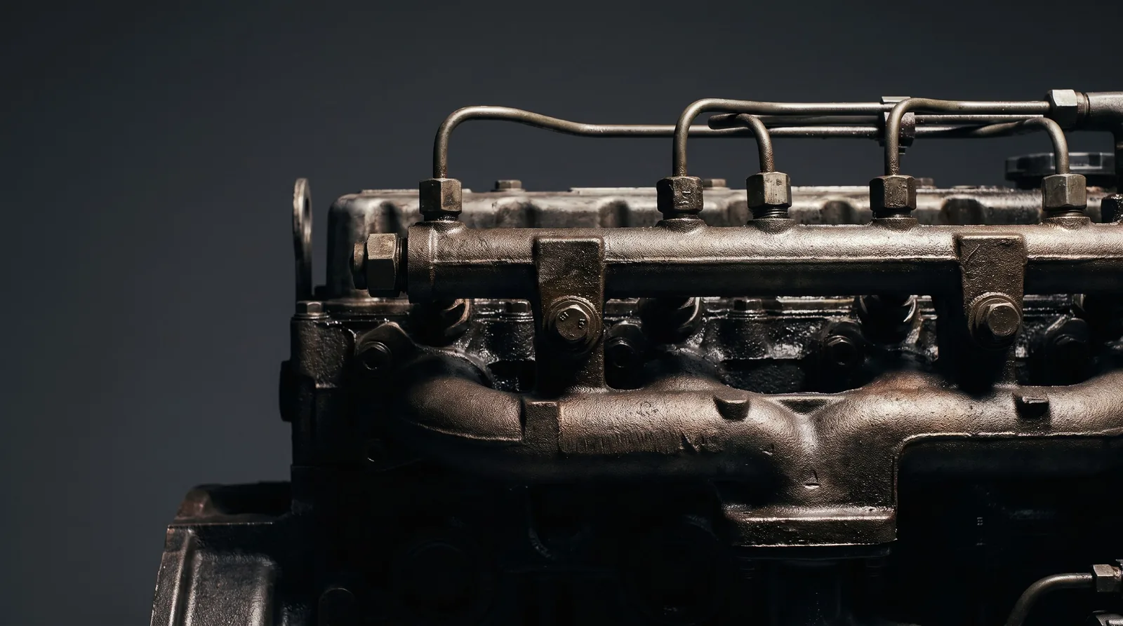 High pressure fuel rail and injector lines on a reconditioned turbo diesel engine