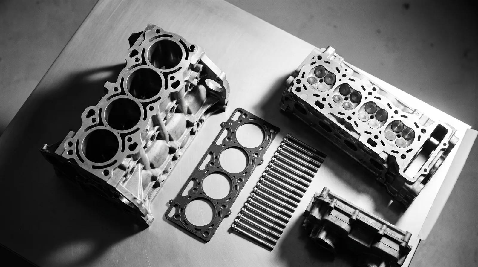Machined engine block and cylinder head laid out side by side before assembly