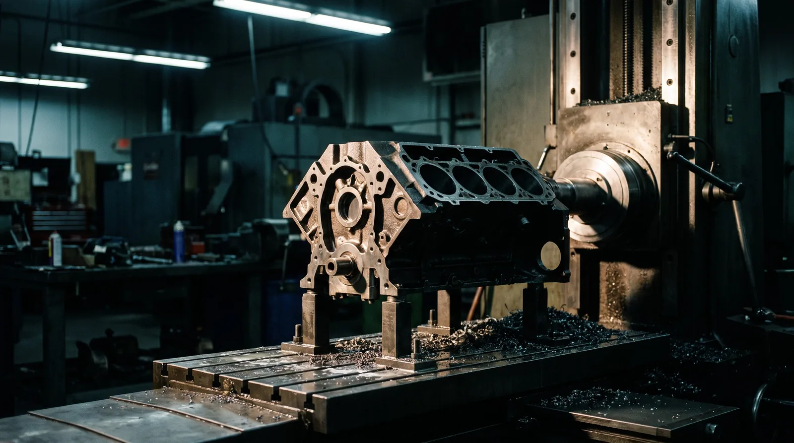 Engine block mounted on a boring machine during reconditioning