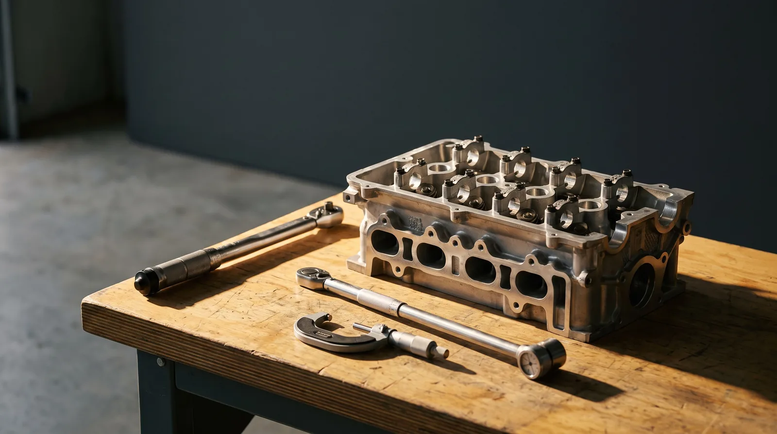 Torque wrench, micrometer and bore gauge laid out on a workbench
