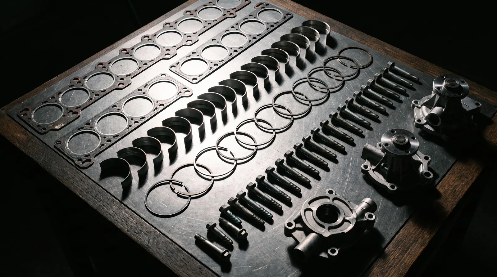 Engine spare parts laid out on a workbench: gaskets, bearing shells, piston rings and pumps