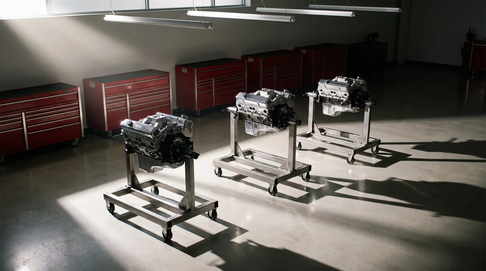 Reconditioned engines mounted on rotating engine stands in a workshop