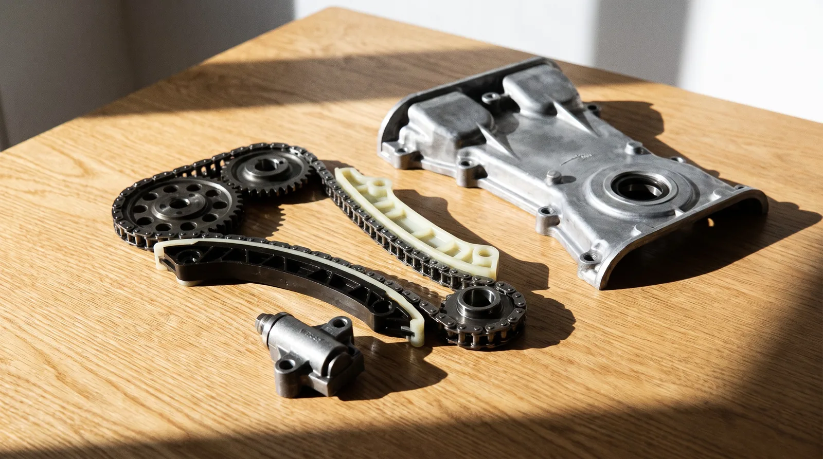 Engine timing chain, guides and tensioner laid out before a timing chain replacement