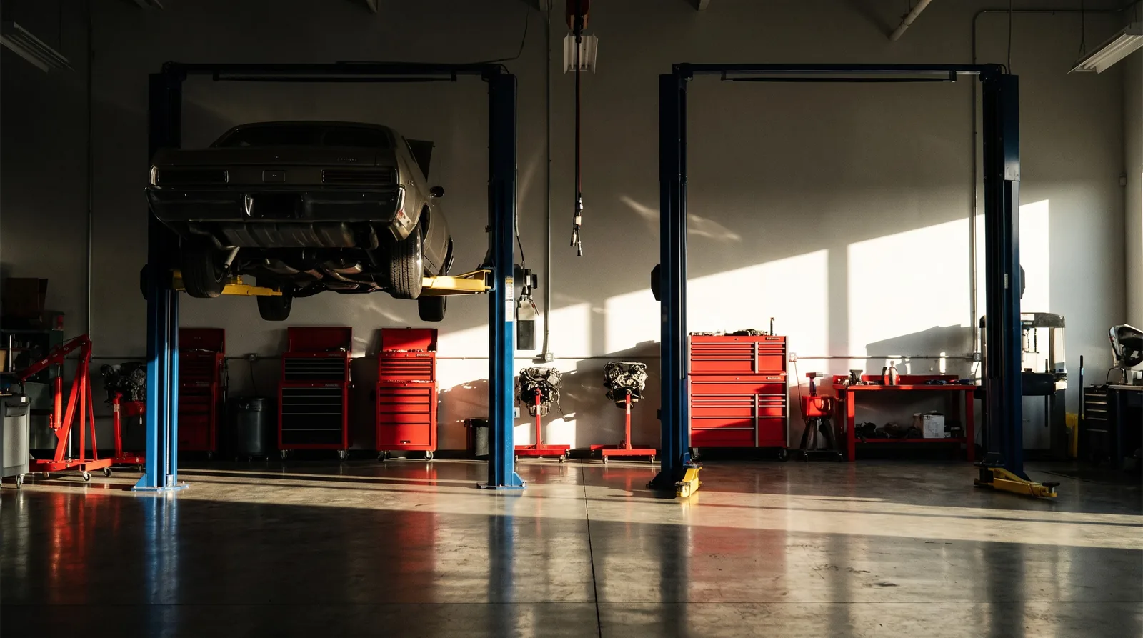 Vehicle hoists and engine stands in an engine reconditioning workshop