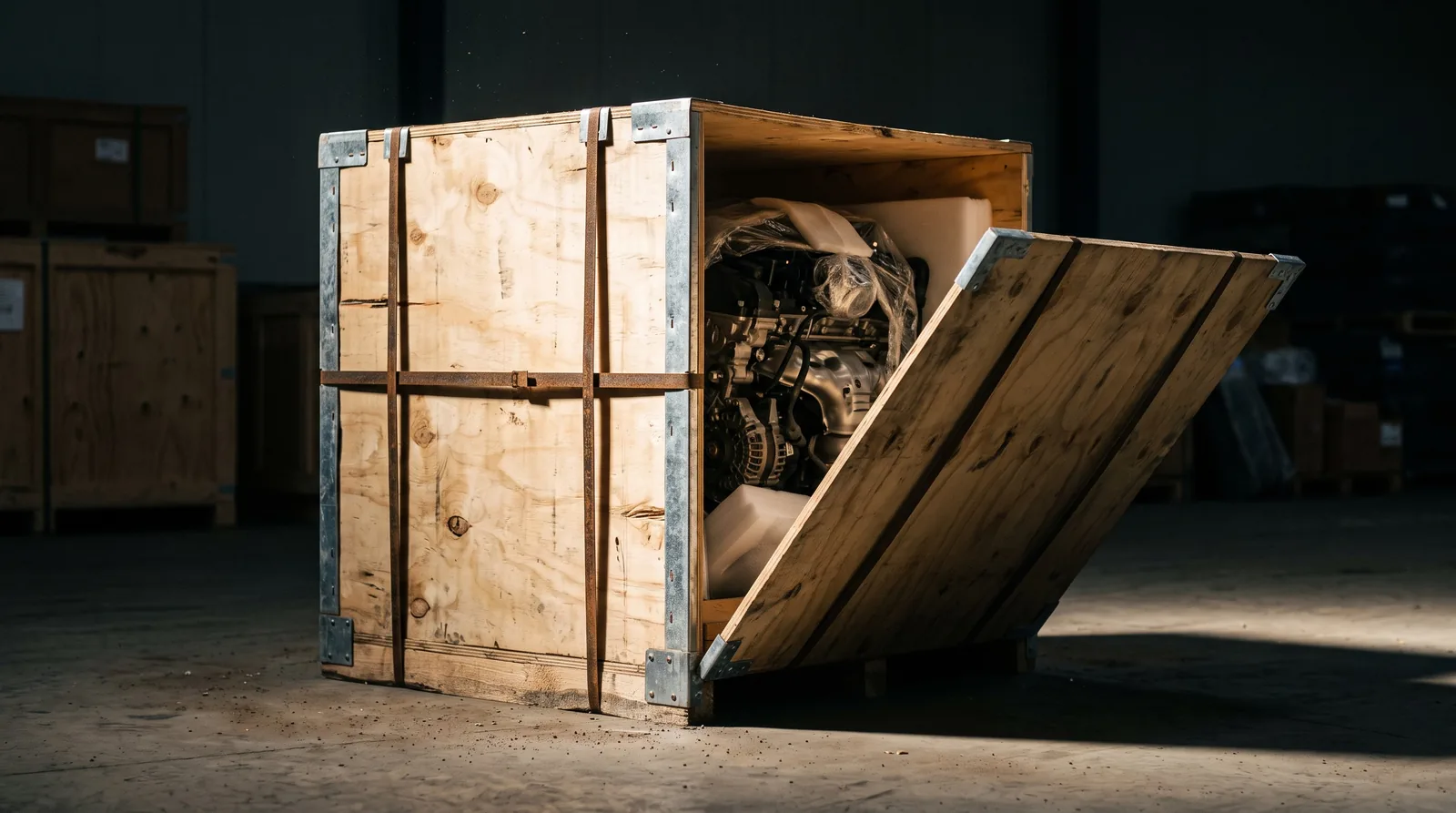 Heavy duty plywood freight crate holding a reconditioned engine