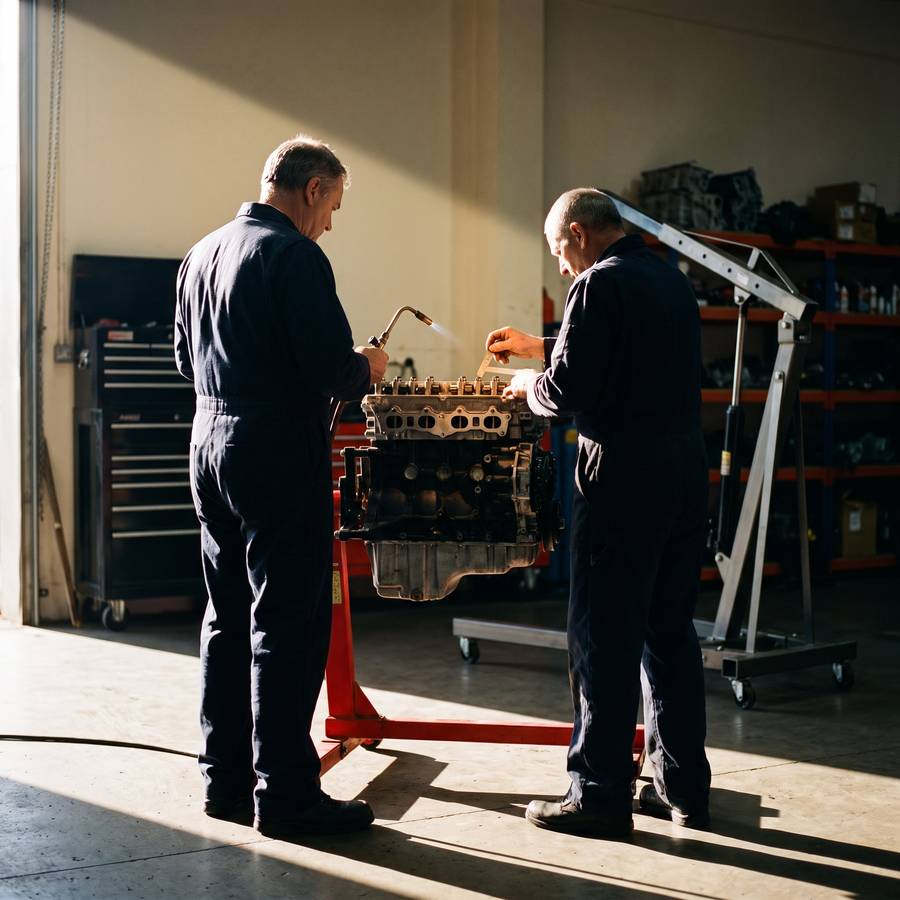 Engine specialists inspecting a reconditioned Hyundai engine on a stand