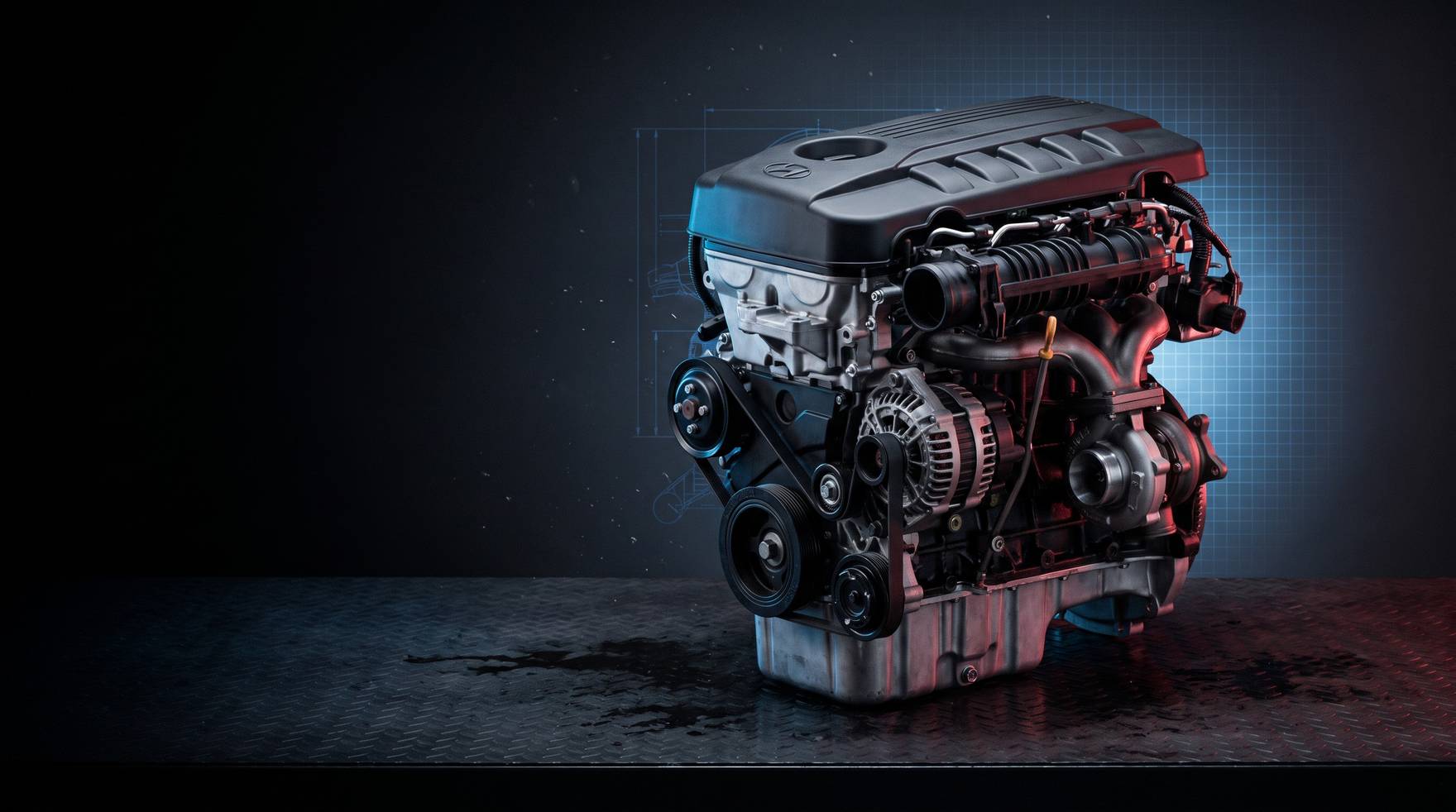 Reconditioned Hyundai iLoad D4CB 2.5L turbo-diesel engine lit in blue and red