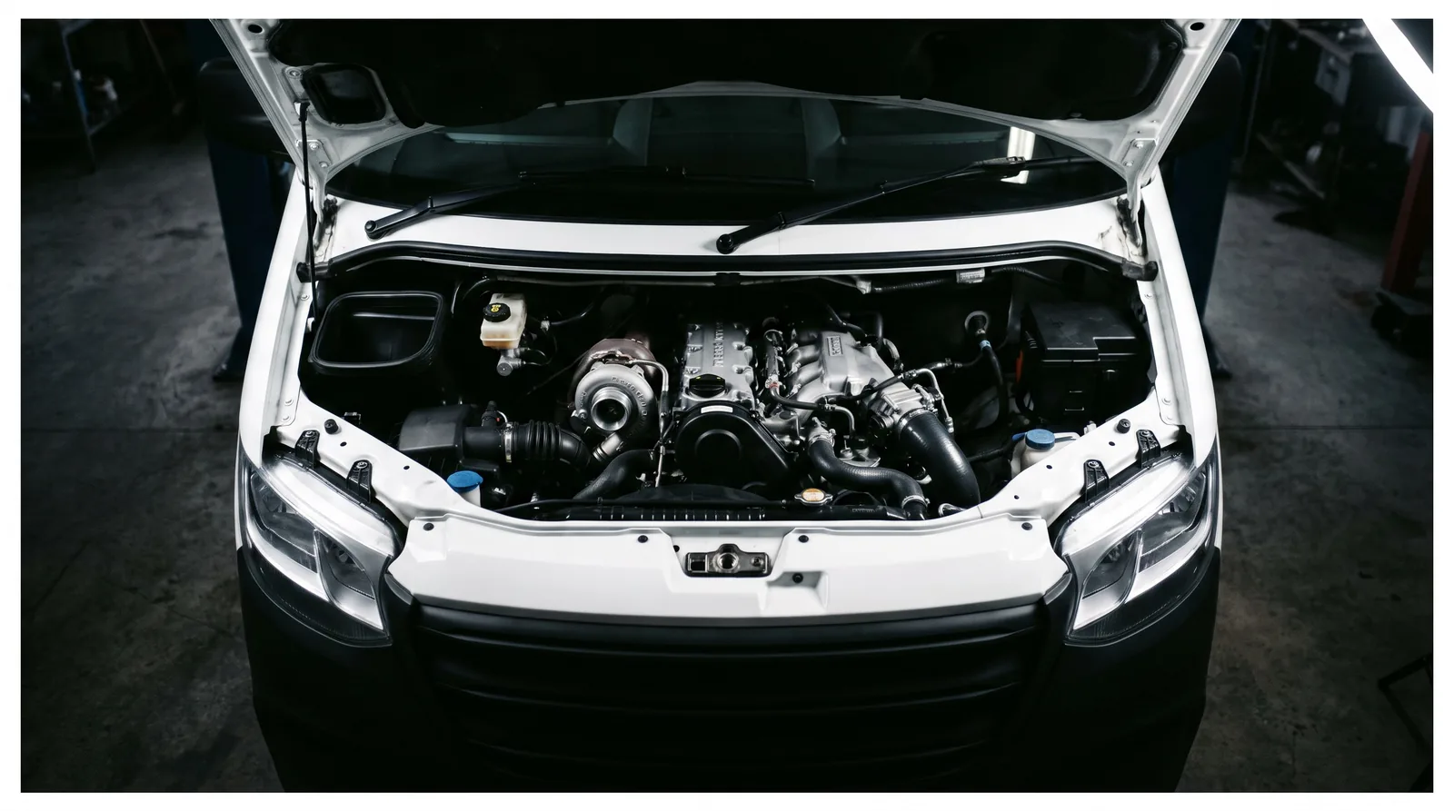 Van engine bay with a turbo diesel engine in place, the layout a Hyundai iLoad owner would recognise