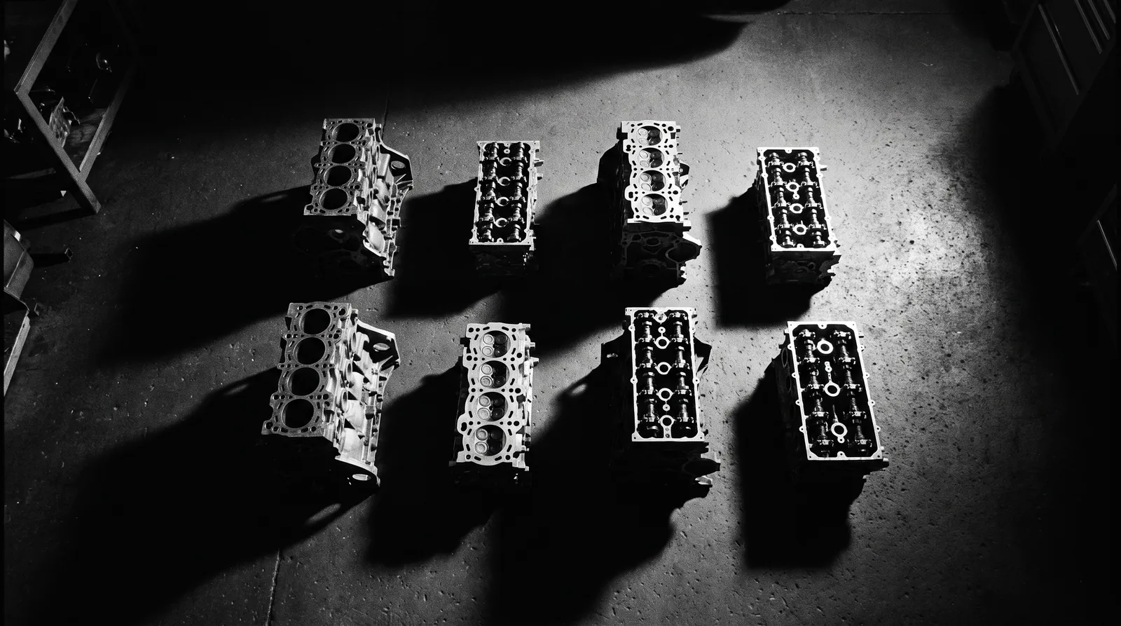 A range of reconditioned engine blocks and cylinder heads of the kind supplied for Hyundai and Kia vehicles
