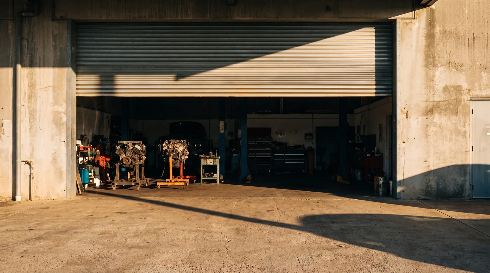 Open roller door of an engine workshop unit, illustrating the kind of premises an engine is fitted in