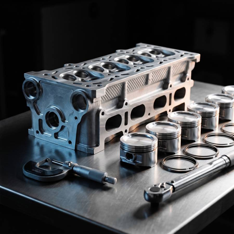 Machined cylinder head and new pistons laid out during a Hyundai engine rebuild