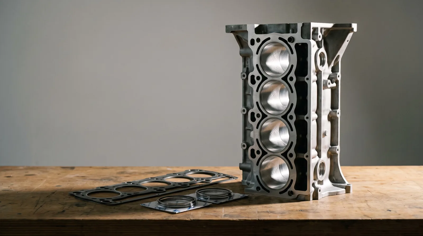 Freshly machined engine block with honed bores, alongside a new gasket set
