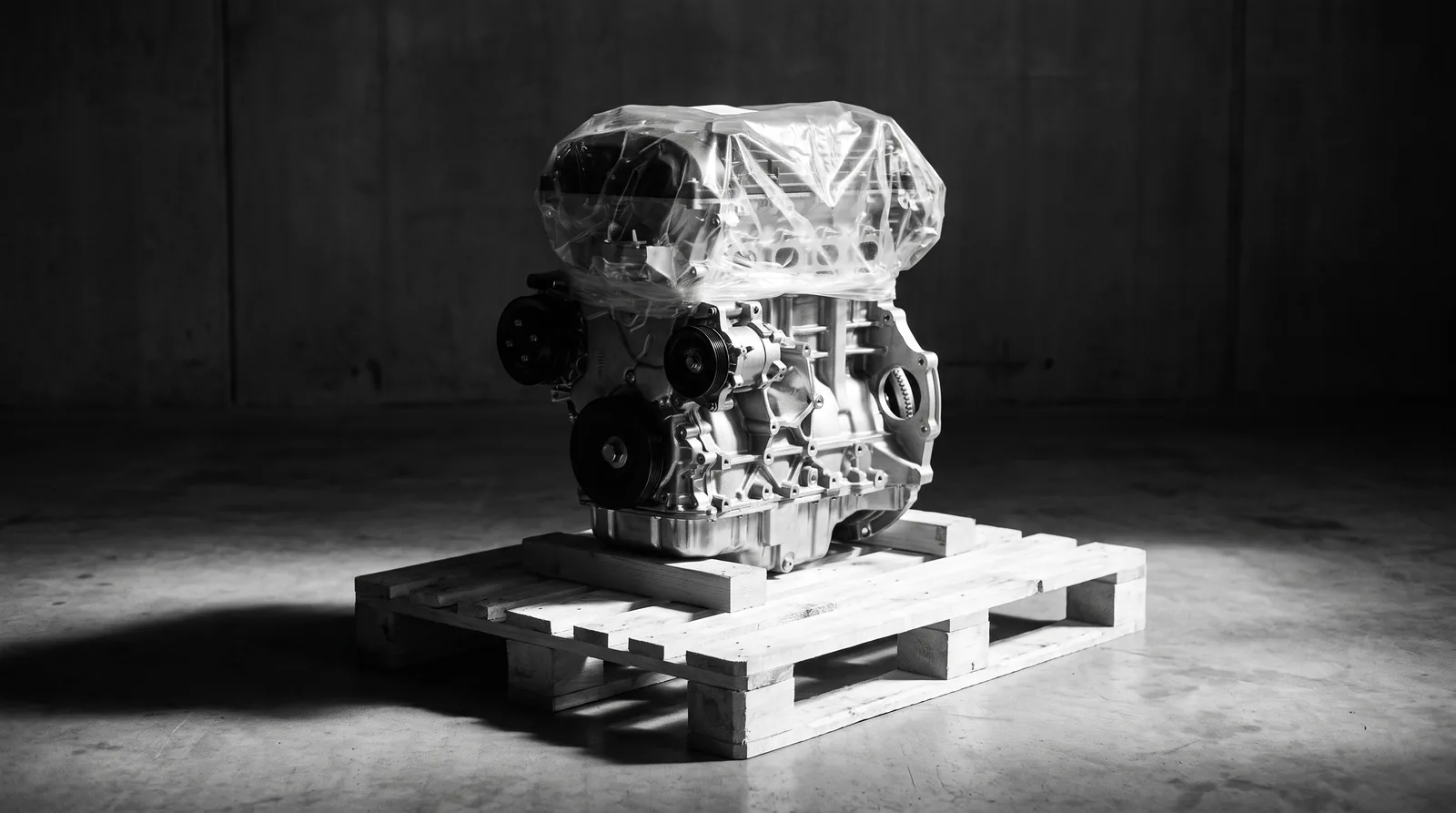 New unused engine in factory protective wrapping on a pallet, ready for supply