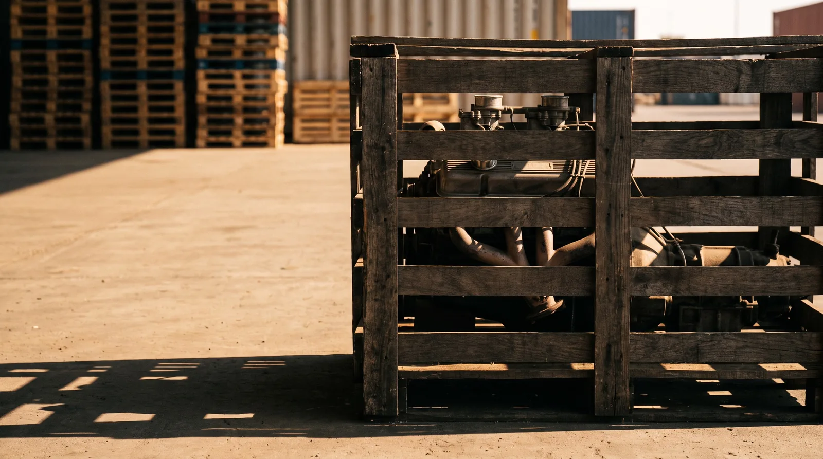 Reconditioned engine visible through the slats of a timber freight crate