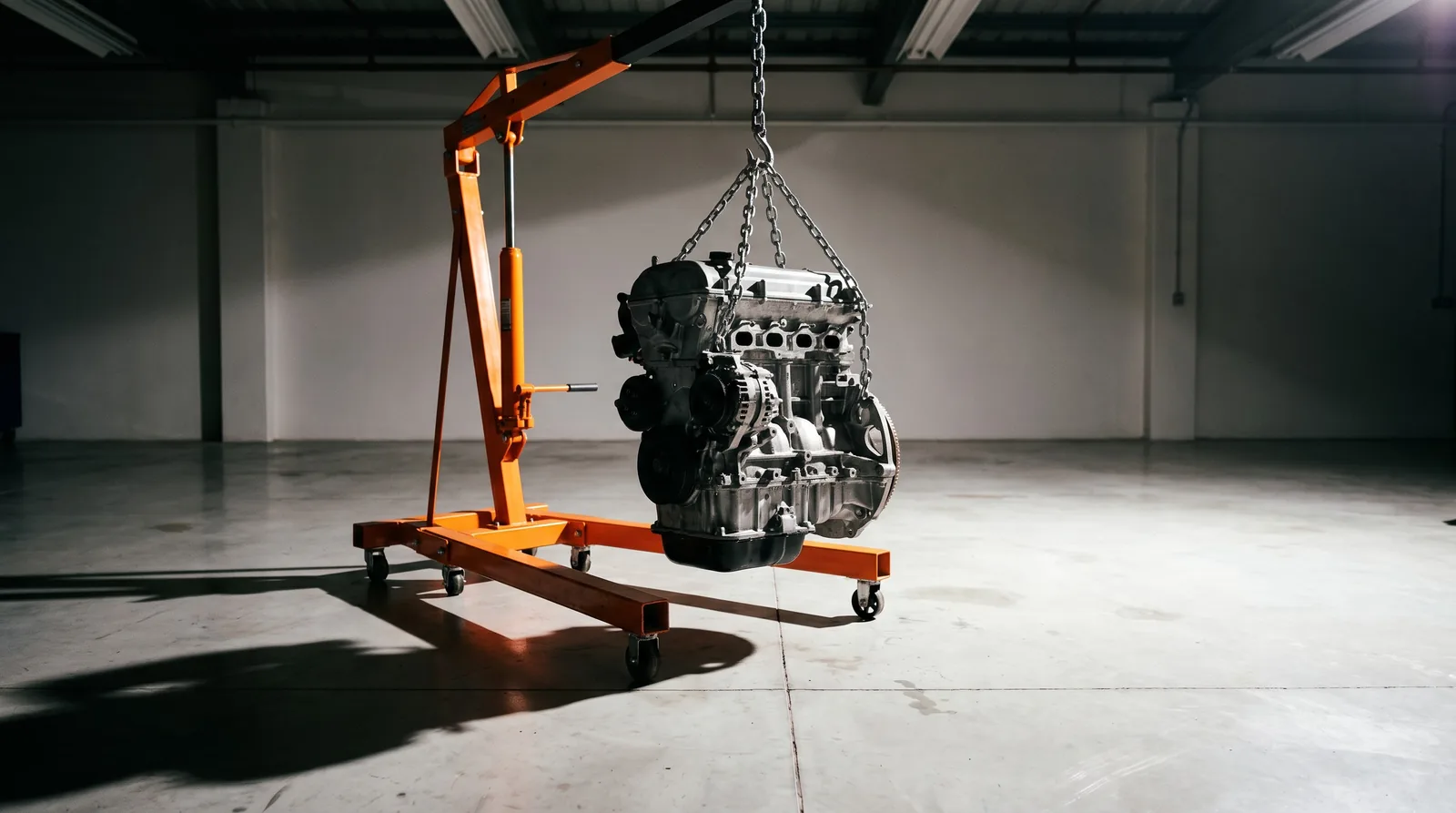 Reconditioned engine lifted on a workshop crane before fitting