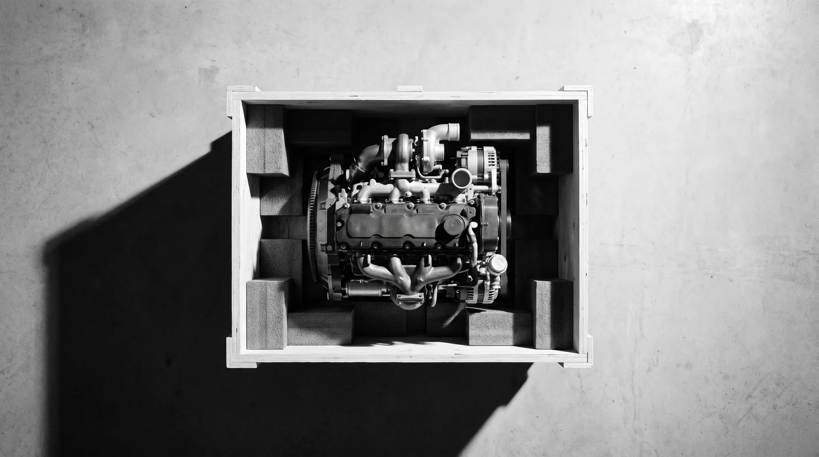 Reconditioned turbo diesel engine packed in foam inside a timber freight crate