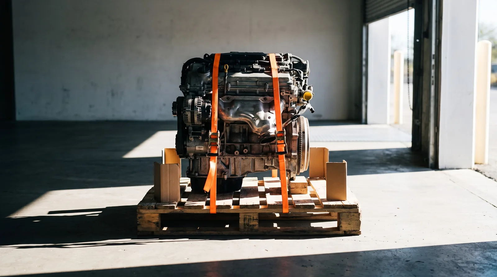 Reconditioned engine strapped to a pallet at a loading dock, ready for road freight