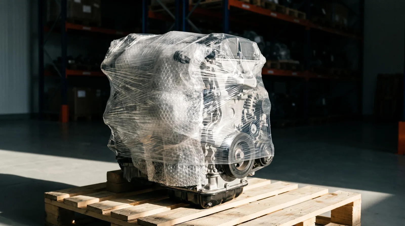 Reconditioned engine wrapped and padded for road freight