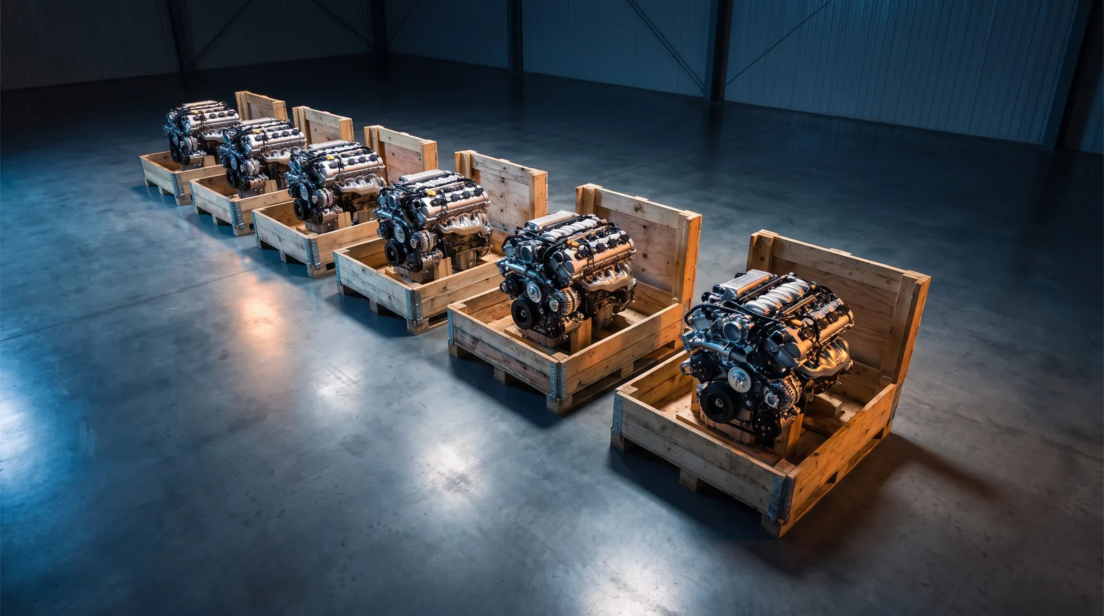 Reconditioned engines crated and stacked, ready for road freight