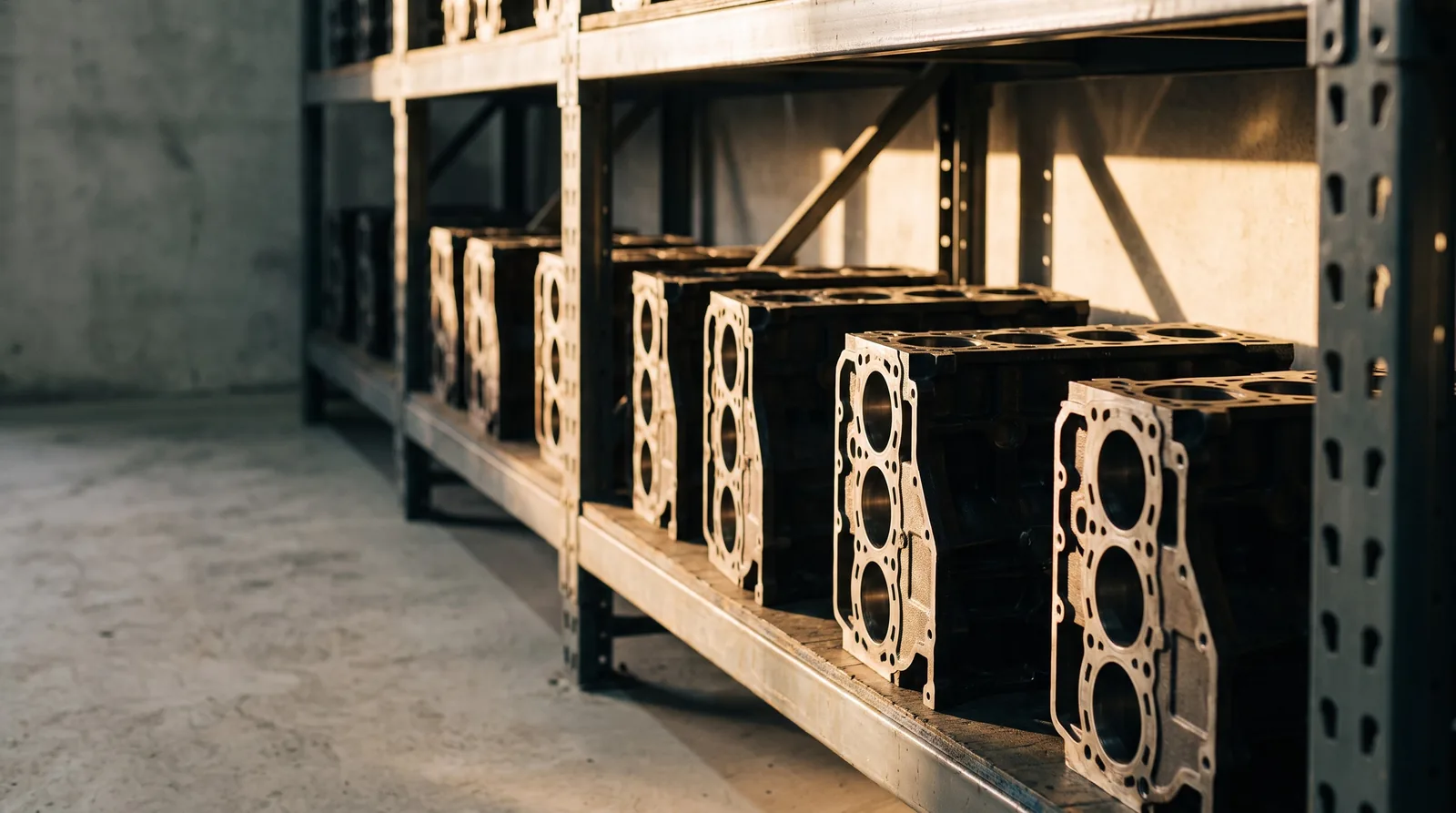 Reconditioned engine blocks stored on warehouse racking