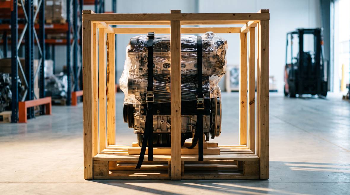 Reconditioned Hyundai engine crated and strapped for Australia-wide delivery