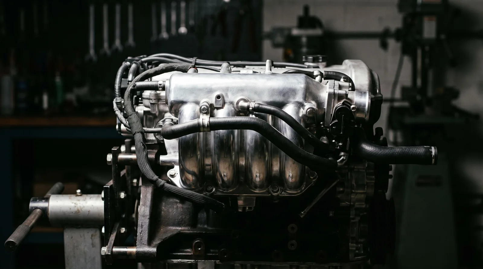 Reconditioned four cylinder engine on a stand, viewed from the intake side