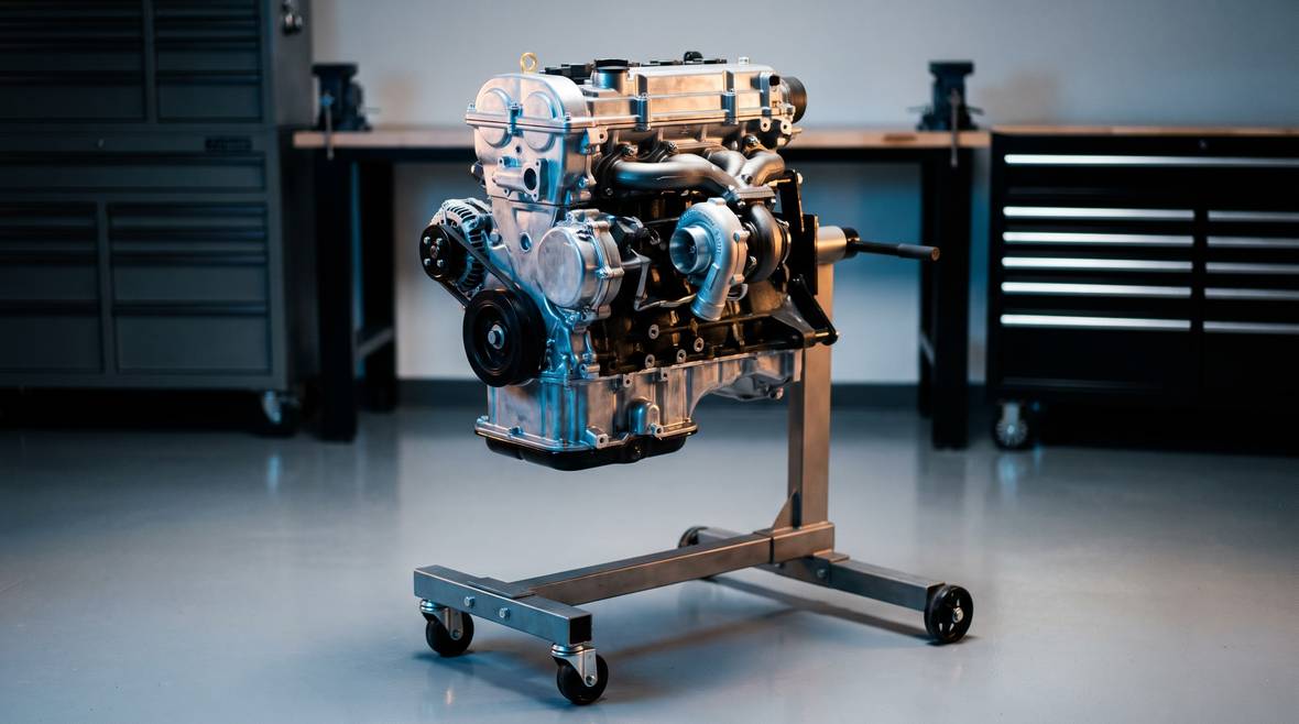 Fully reconditioned Hyundai turbo-diesel engine mounted on an engine stand ready for supply