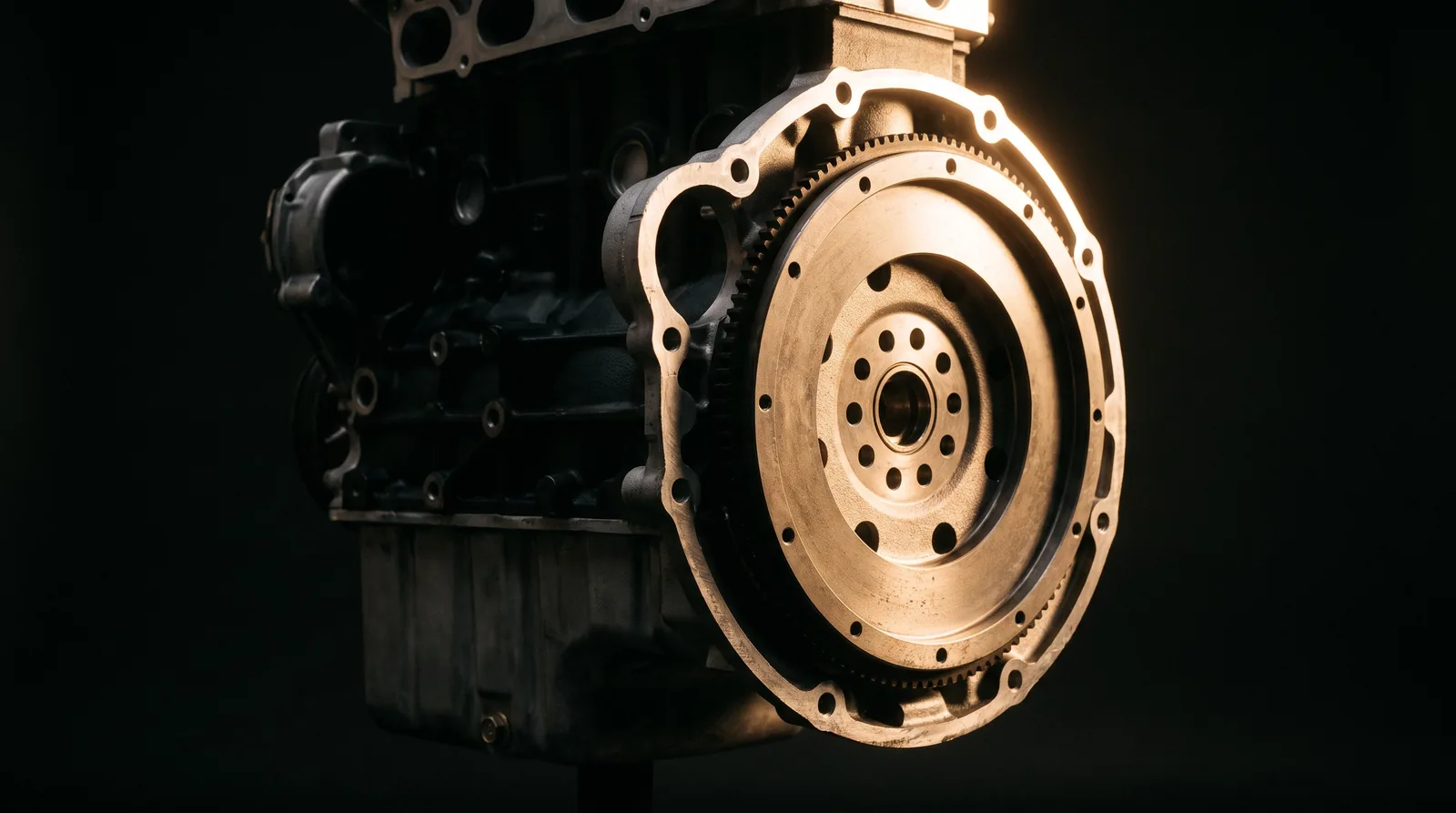 Reconditioned Kia engine photographed from the gearbox mating face