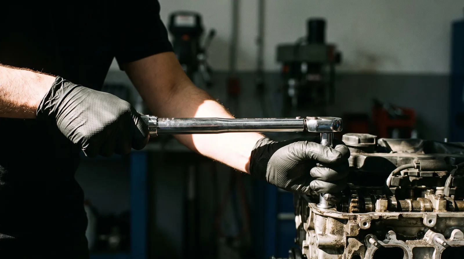 Gloved hands torquing an engine bolt with a torque wrench