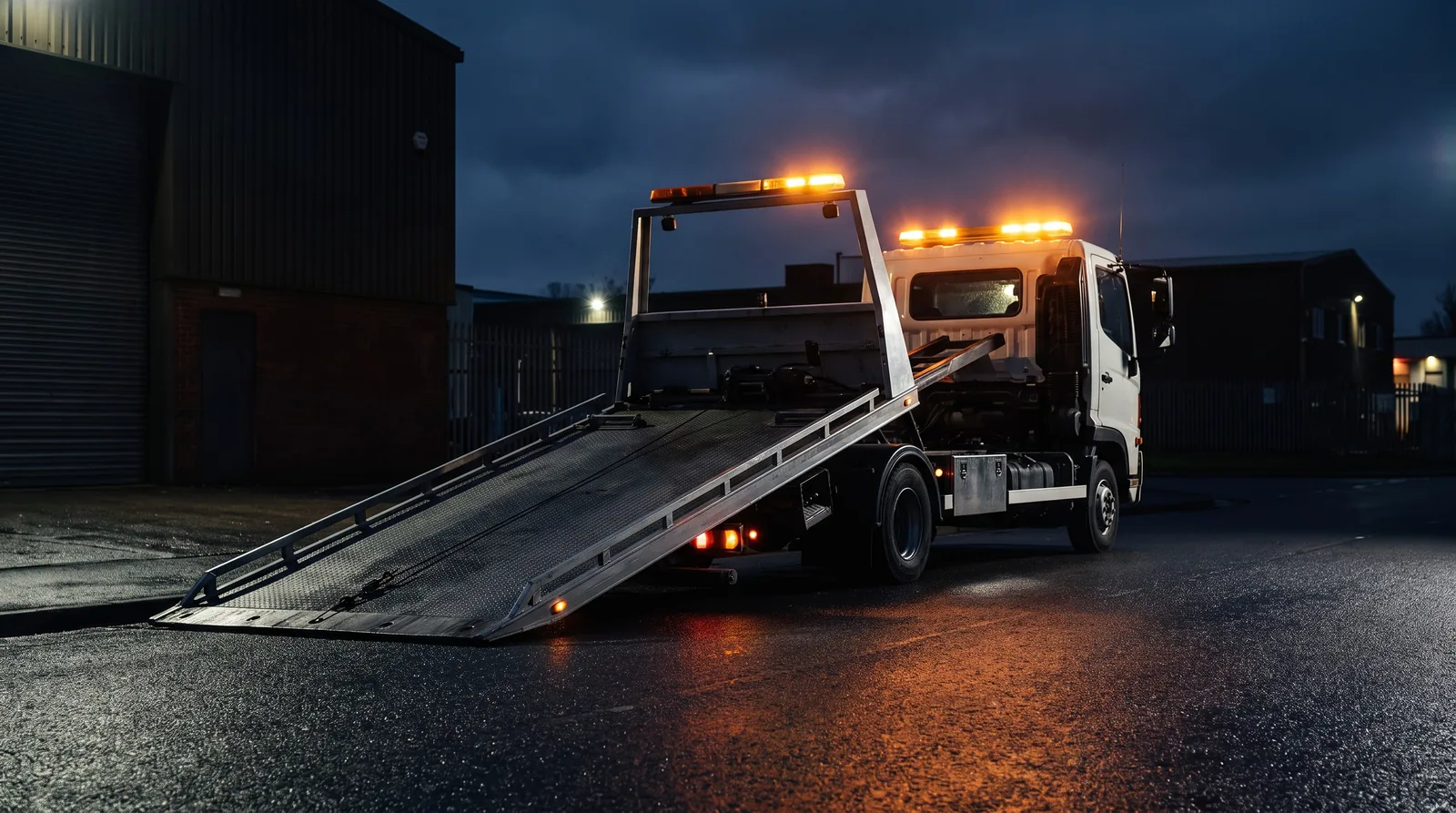 Tilt tray tow truck at dusk, illustrating the kind of vehicle used for a workshop collection