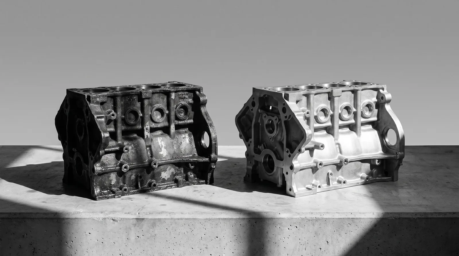 A worn engine block beside a freshly machined one, comparing a used engine with a reconditioned engine